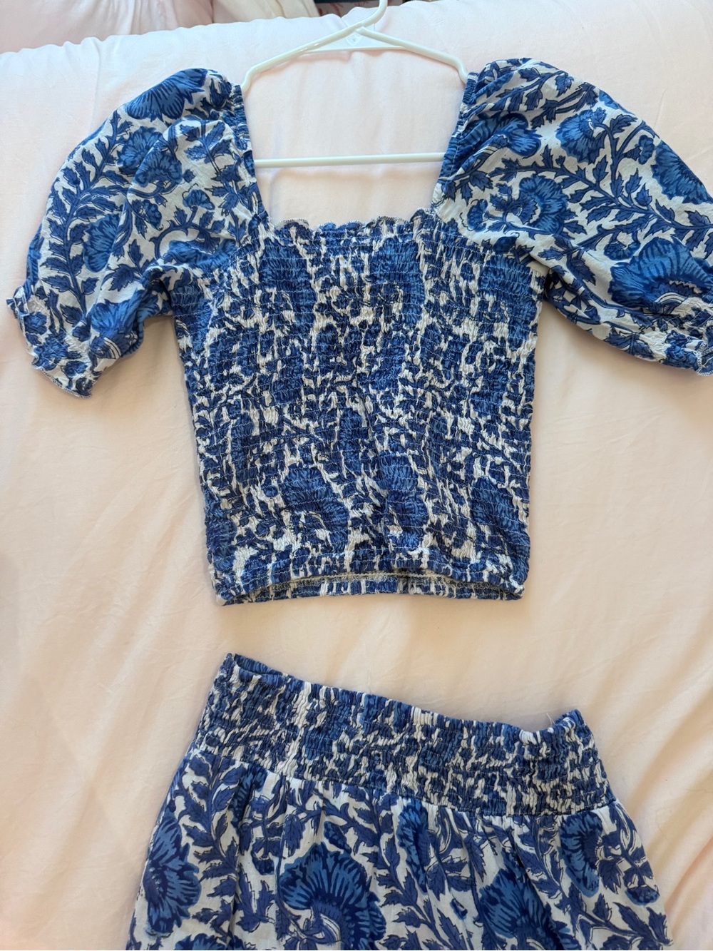 Gingy Blue and White Floral Smocked Two-Piece Set Flowy Skirt with Small Slit